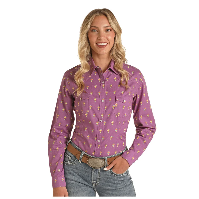 RLWSOSR13P Panhandle Junior's Long Sleeve Snap Shirt- Dark Orchid w/Cactus Print