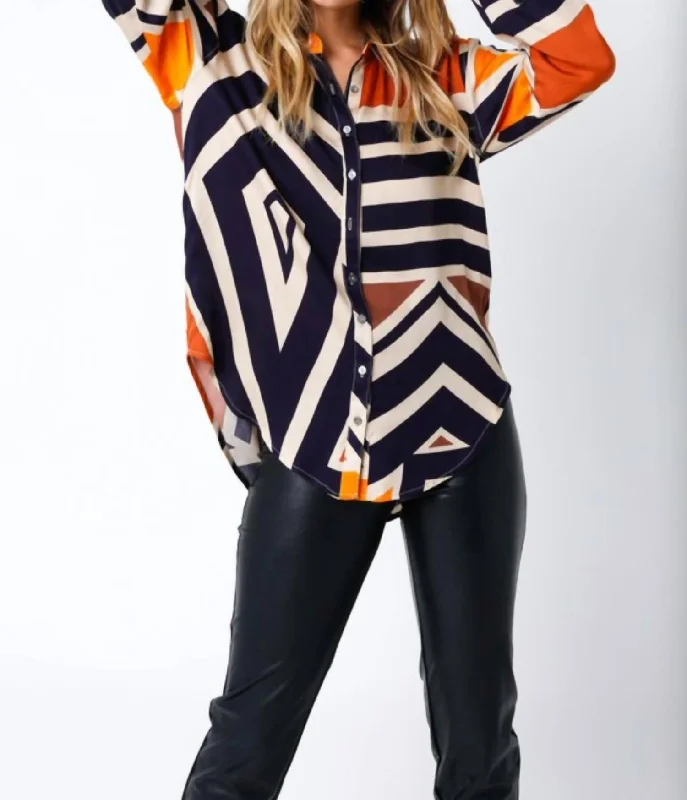 Graphic Long Sleeve Blouse In Black/orange