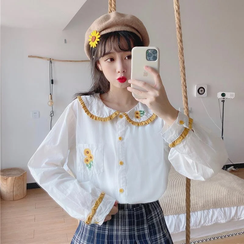 Kawaii Sunflower Embroidered Long Sleeved Shirt