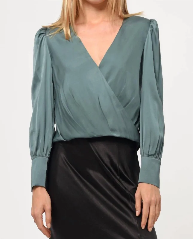 Lourdes Wrap Front Cuffed Blouse In Deep Sage