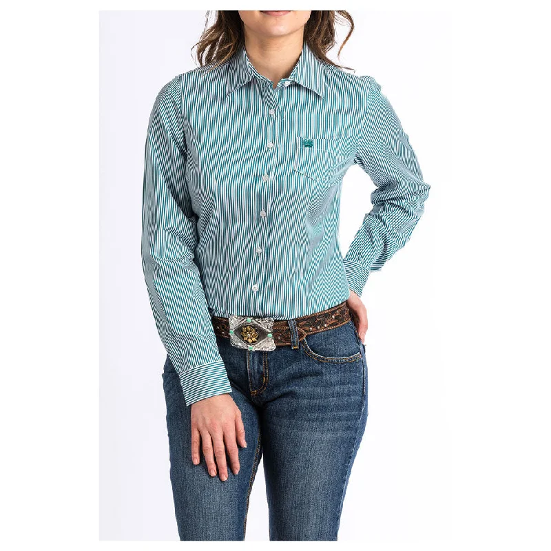 MSW9164088 Cinch Women's Long Sleeve Button Down Tencel Shirt - Teal Stripe