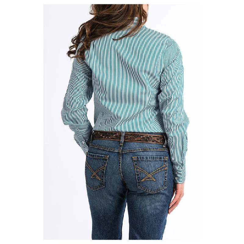 MSW9164088 Cinch Women's Long Sleeve Button Down Tencel Shirt - Teal Stripe