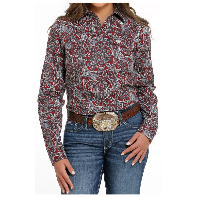 MSW9201043 Cinch Women's Long Sleeve Western Snap Shirt -Grey/Burgundy Paisley