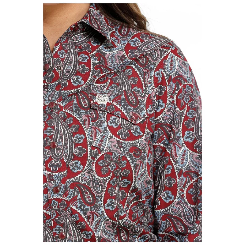 MSW9201043 Cinch Women's Long Sleeve Western Snap Shirt -Grey/Burgundy Paisley