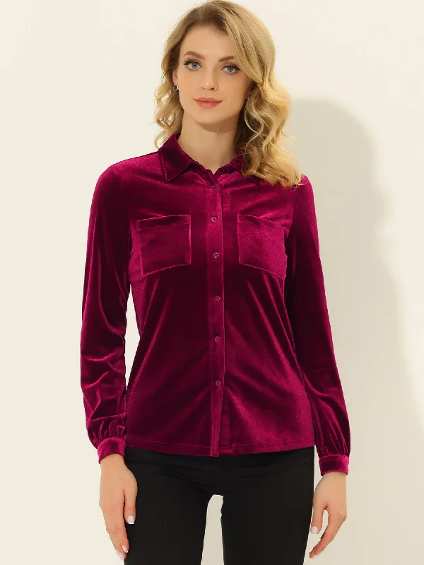 Pocket Front Velvet Blouse Long Sleeve Casual Button Down Shirt