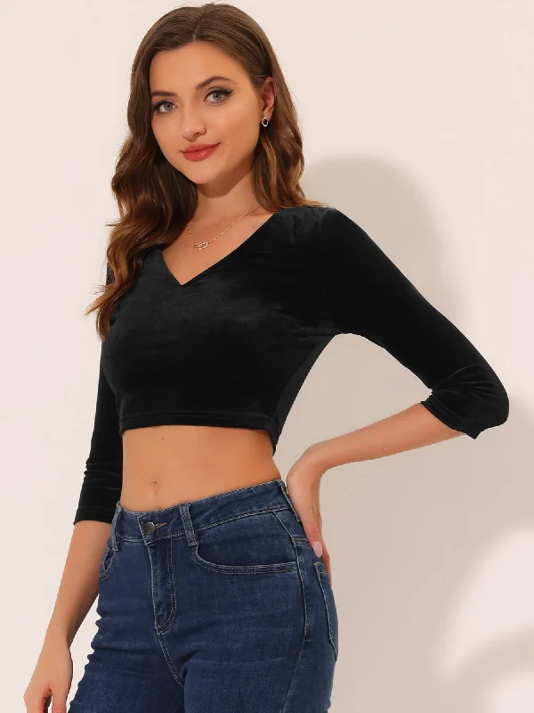 Velvet Blouse V Neck 3/4 Sleeve Solid Crop Top