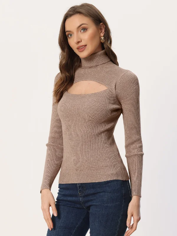 Turtleneck Knit Sweater Long Sleeve Hollow Out Sexy Fit Pullover Tops