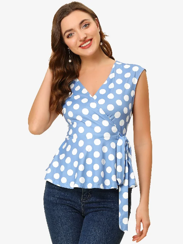 Sleeveless Elegant V Neck Self Tie Front Polka Dot Wrap Blouse