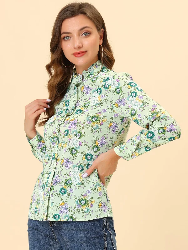 Floral Flower Printed Shirt Ruffled Button Up Mock Neck Top Blouse