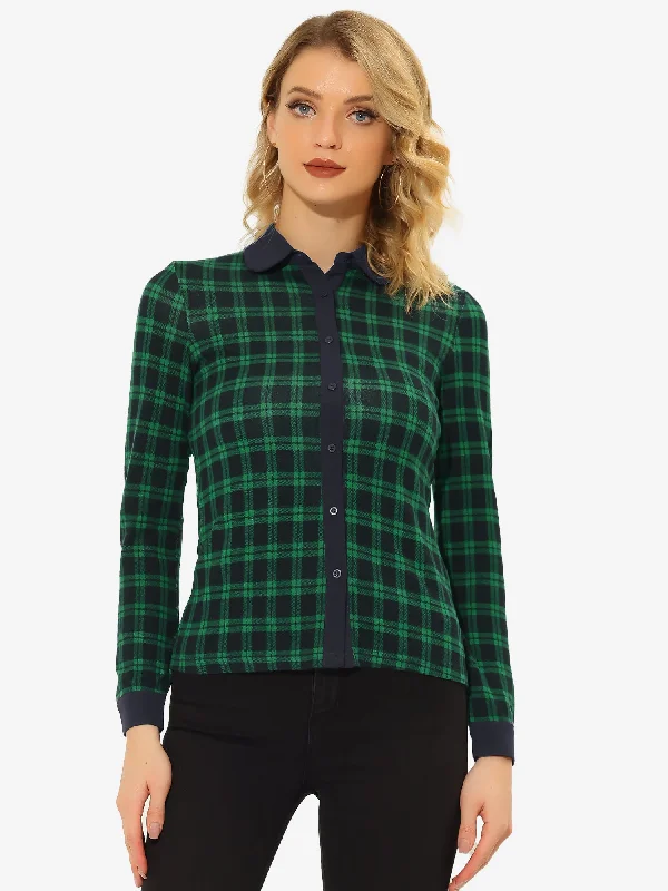 Button Down Peter Pan Collar Long Sleeve Knit Plaid Blouse