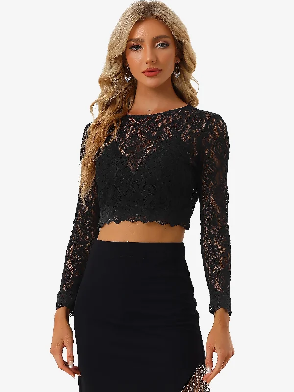 Sheer Long Sleeve Crew Neck Sexy Lace Cropped Top Blouse