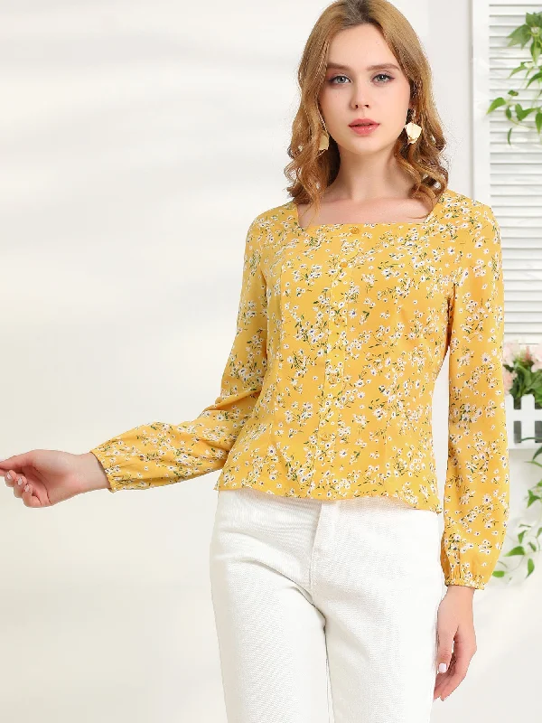 Slim Fit Square Neck Elegant Vintage Long Sleeve Chiffon Floral Tops