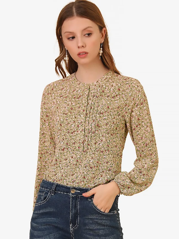 Casual Pleated Front Half Placket Long Sleeve Floral Peasant Blouse