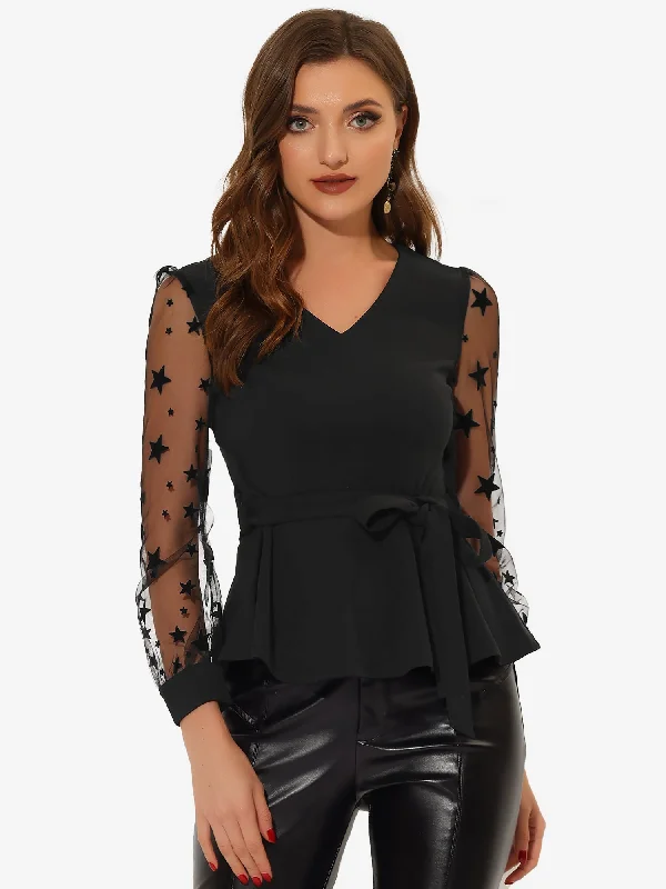 Tie Waist Peplum Ruffle Hem Party V Neck Mesh Long Sleeve Blouse