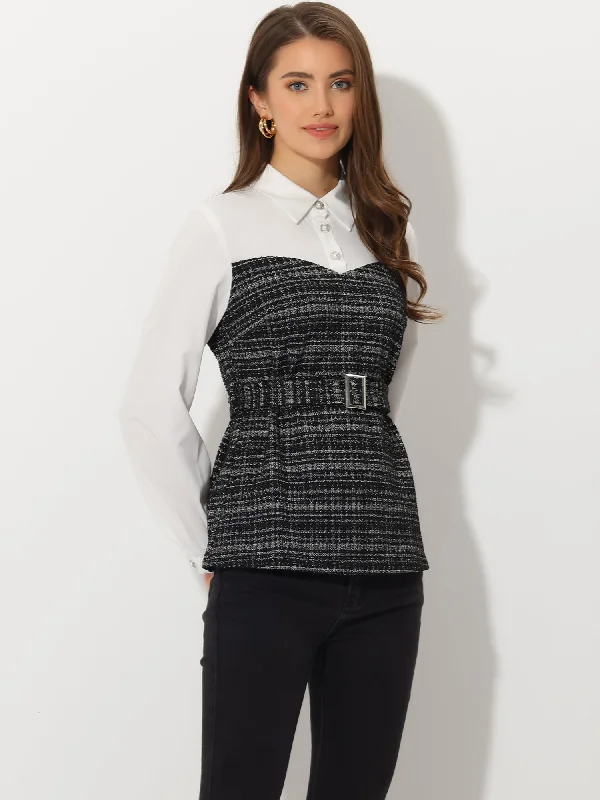 Tweed Plaid Contrast Panel Belted Long Sleeve Peplum Blouse