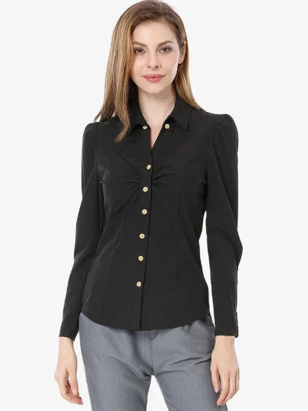 Button Down Long Sleeve Casual Office Work Ruched Shirt