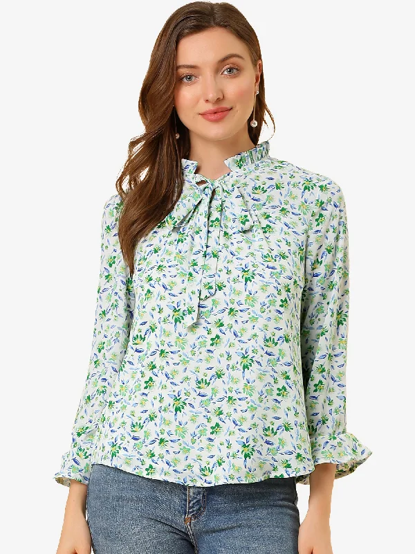 Ruffle Collar 3/4 Sleeve Tie Neck Chiffon Floral Blouse Top