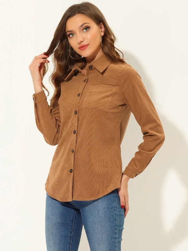 Corduroy Button Down Pocket Shirt Long Sleeve Oversized Blouse