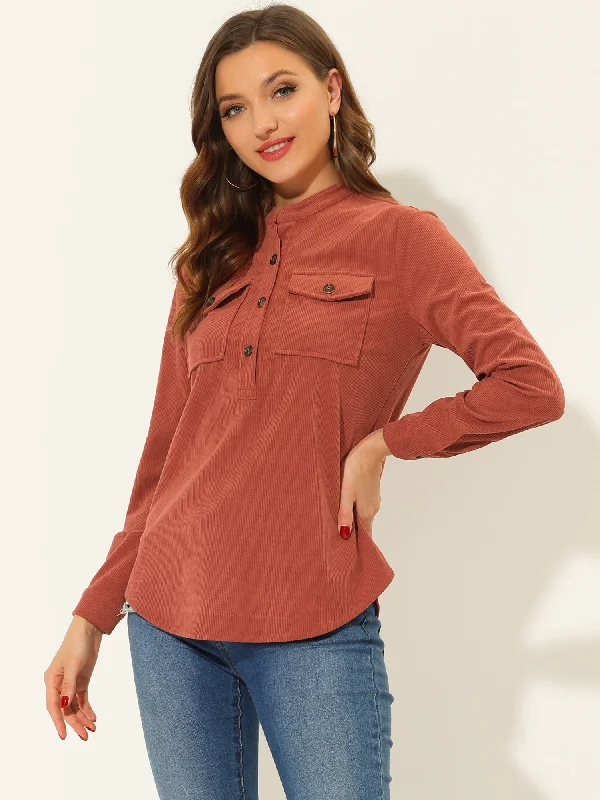 Long Sleeve Button Front Pockets Casual Corduroy Blouse