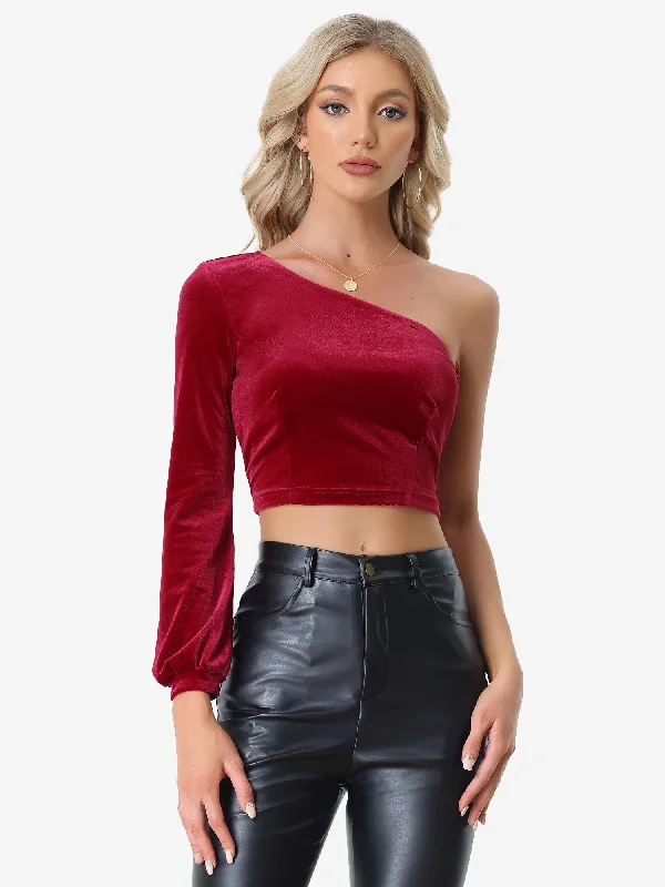 Velvet One Shoulder Long Sleeve Solid Color Crop Top