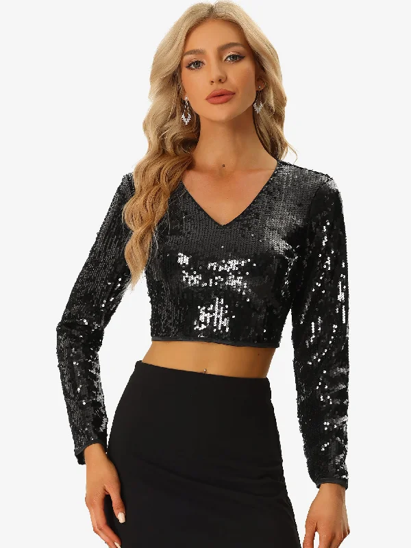 Sequin Long Sleeve V Neck Sparkly Shiny Crop Top Blouse