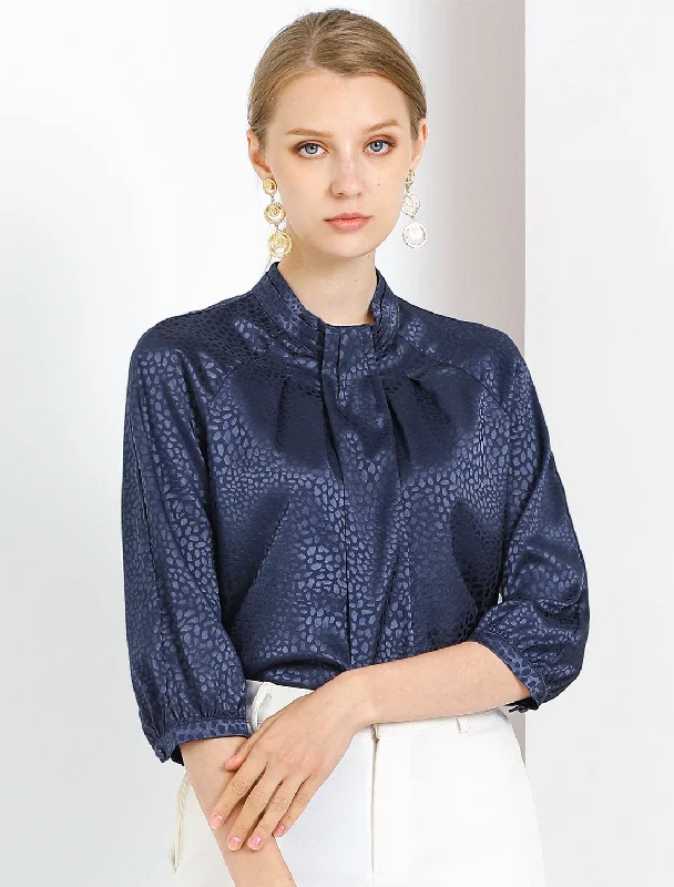 Elegant Satin 3/4 Sleeve Blouse Pleated High Collar Work Top