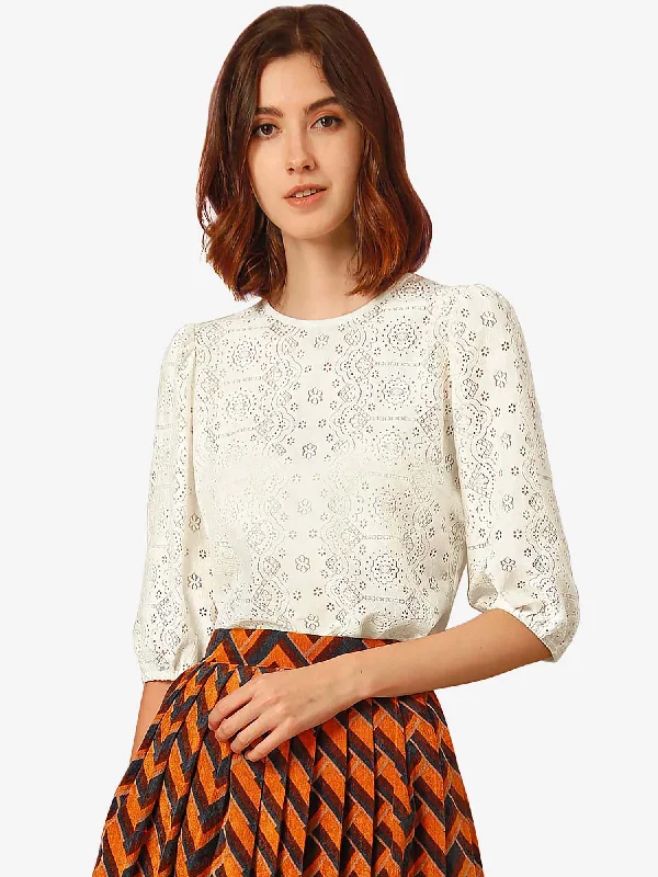 Sheer Puff Sleeve Retro Embroidery Tops Lace Blouse