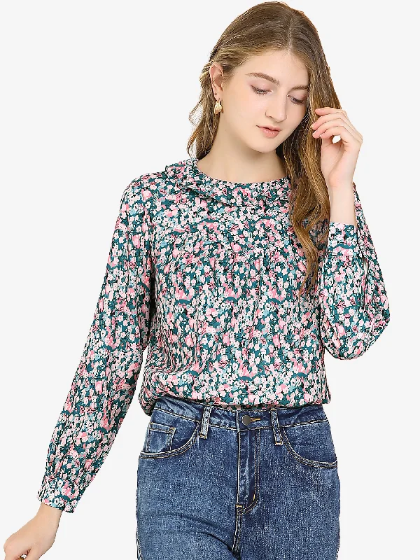 Ruffle Collar Ruched Loose Long Sleeve Chiffon Boho Floral Blouse