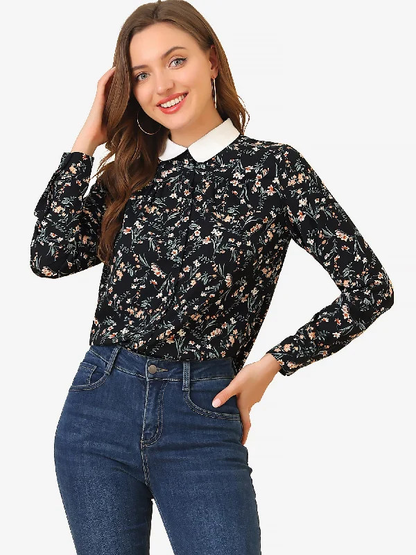 Contrast Collar Top Button Down Shirt Long Sleeve Work Floral Blouse