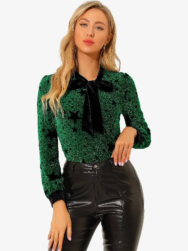 Stars Bow Tie Collar Long Sleeve Glitter Party Blouse