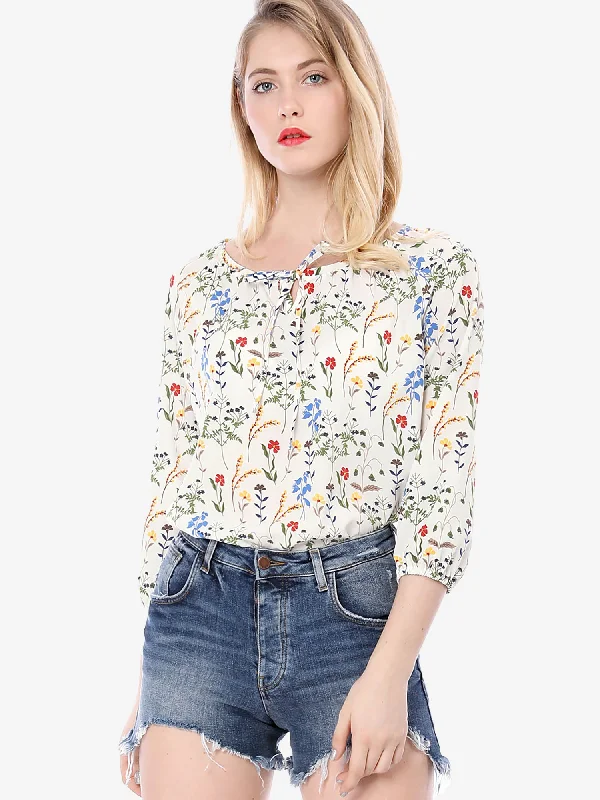 Bow Tie Neck 3/4 Raglan Sleeve Floral Blouse Tops