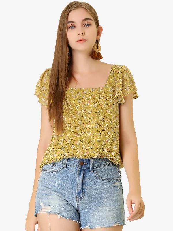 Chiffon Ruffle Sleeve Top Layered Vintage Ditsy Floral Blouse