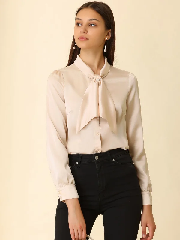 Work Top Satin Blouse Tie Neck Long sleeve Button Up Shirt