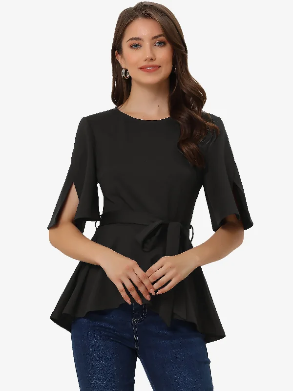 Split Half Sleeve Crew Neck Belted Knot Drap Casual Peplum Blouse