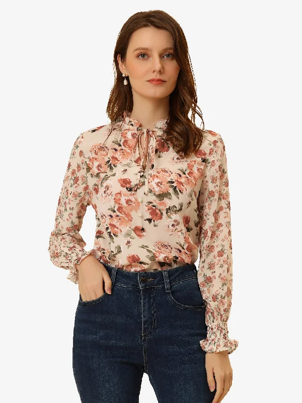 Spring Chiffon Tops Long Sleeve Ruffle Tie Neck Floral Blouse