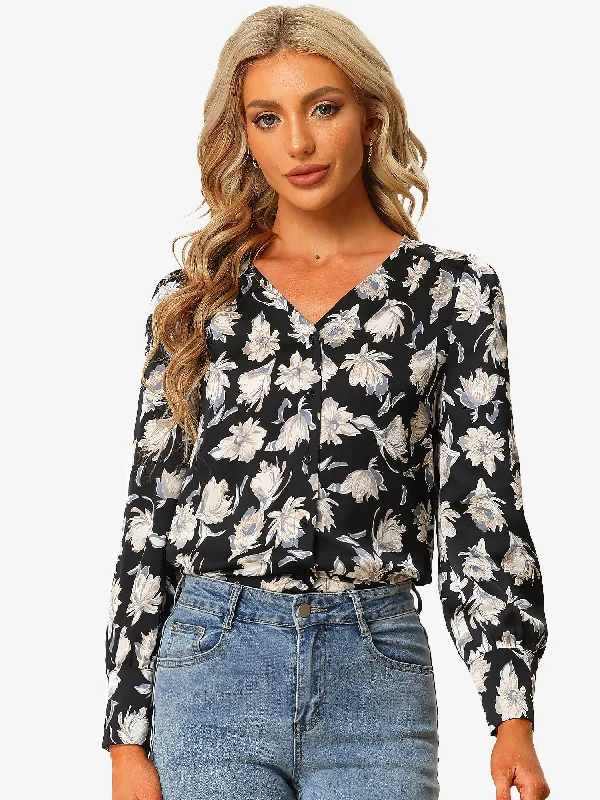 Floral Print V Neck Button Up Long Sleeve Satin Blouse