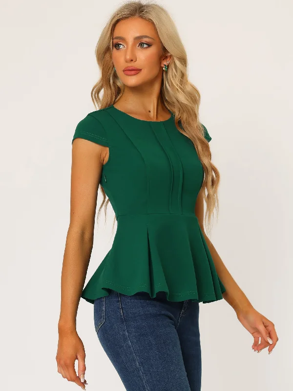 Elegant Round Neck Solid Color Cap Sleeve Peplum Blouse