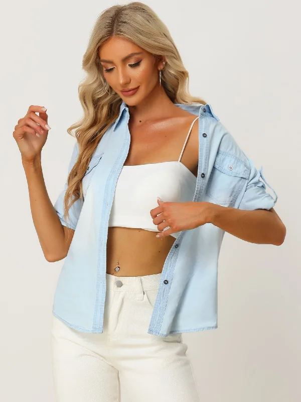 Long Sleeve Denim Shirt Button Down Casual Chambray Jean Tops