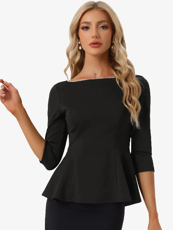 Peplum Top Round Neck Pearl Decor 3/4 Sleeve Elegant Blouse