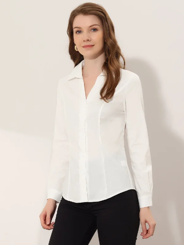 V Neck Long Sleeve Button Down Office Work Shirt Blouse