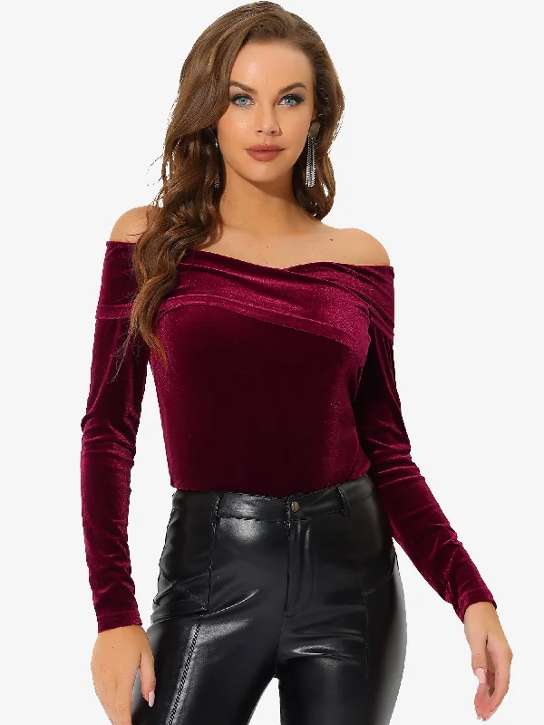 Velvet Top Slim Fit Long Sleeve Off Shoulder Blouse