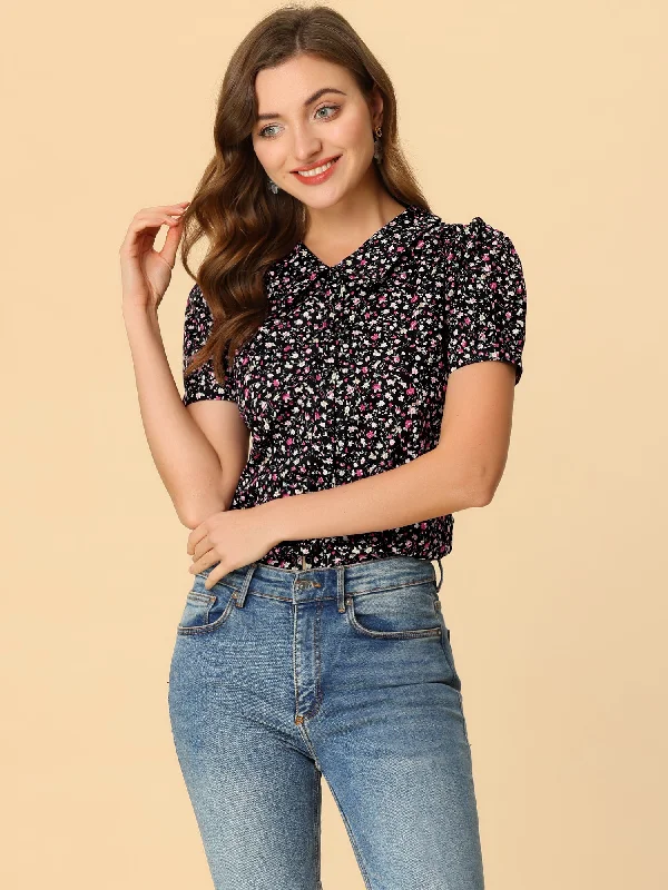 Puff Sleeve Shirt Point Collar Top Button Down Floral Blouse