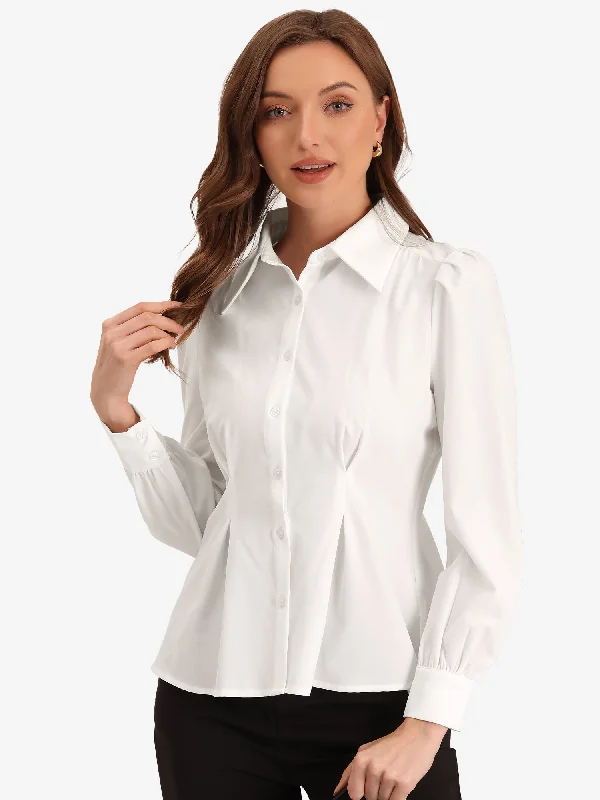 Lapel Ruffle Waist Long Sleeve Button Up Office Work Blouse