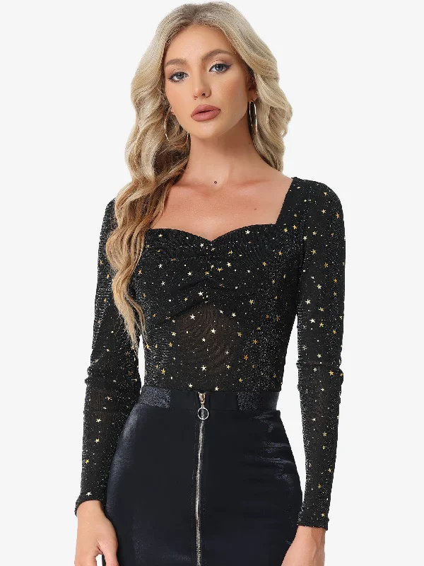 Glitter Sheer Mesh Long Sleeve Sweetheart Neckline Party Blouse