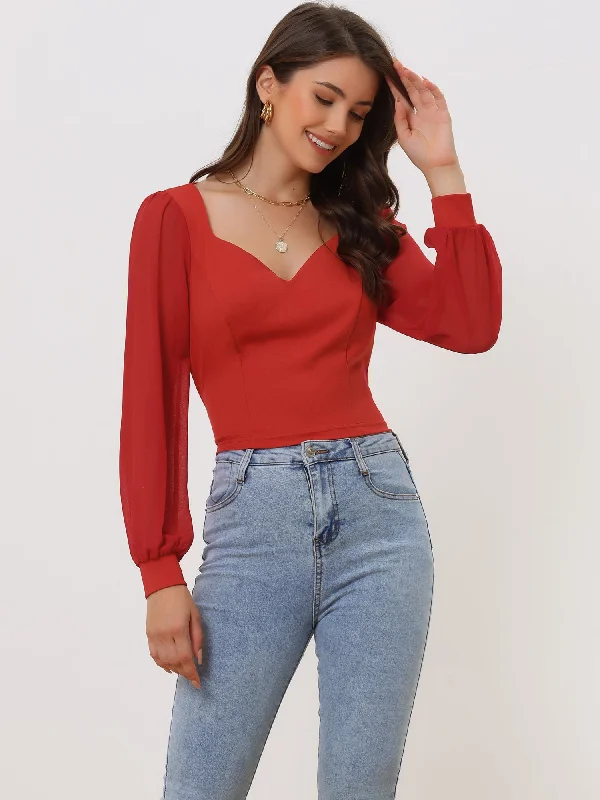 Tie Back Long Sleeve Banded Cuff Sexy Sweetheart Neck Blouse