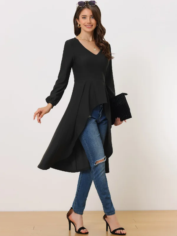 V Neck High Low Hem Peplum Long Sleeve Midi Blouse