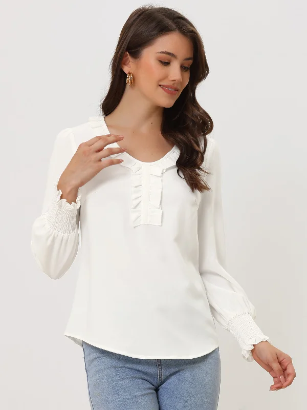 Ruffle V Neck Long Elastic Sleeve Casual Office Solid Blouse