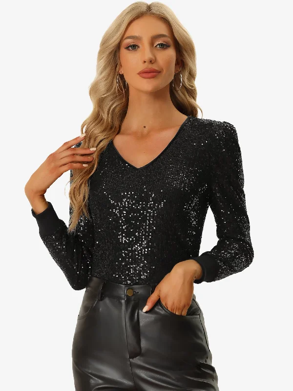 Sequin Top V Neck Party Metallic Sparkly Blouse