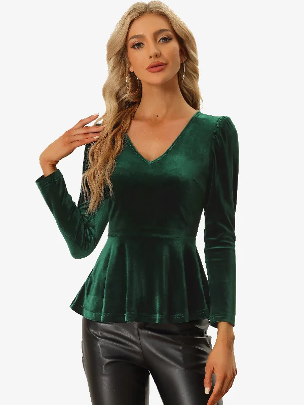 Allegra K Velvet Blouse Elegant V Neck Long Sleeve Peplum Top