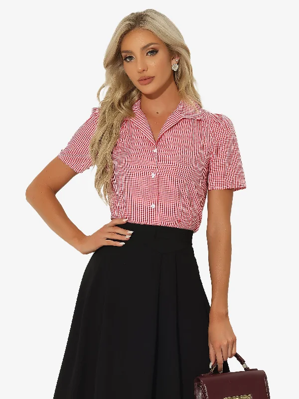 Puff Sleeves Vintage Summer Gingham Plaid Shirt Blouse